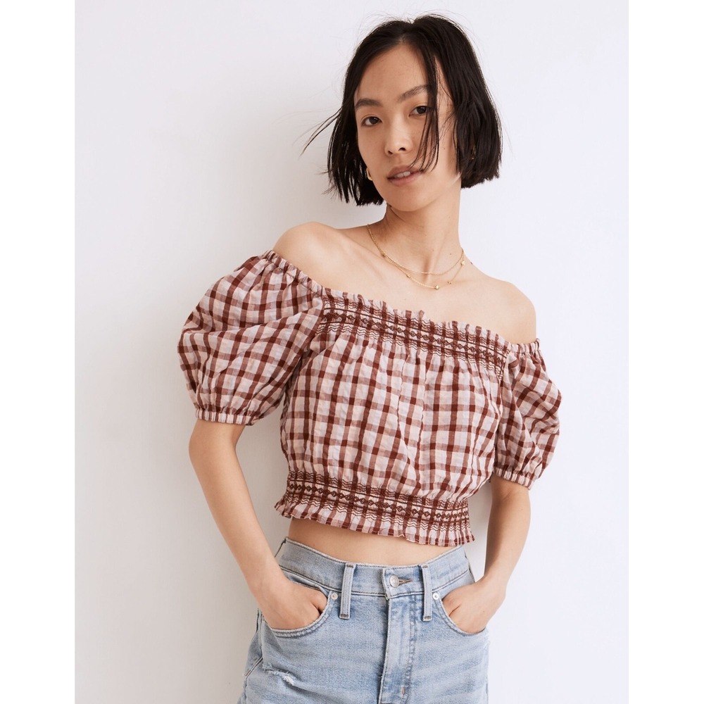 Madewell Seersucker Jeanette Top in Plaid Size XXS XS Cropped Embroidered Crop